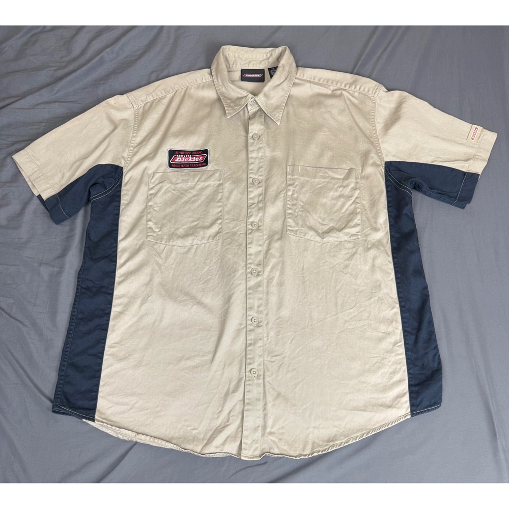 Dickies Mens XL Khaki Navy Two Tone Short Sleeve Work Shirt Cotton Button Up